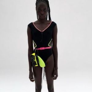 NWT Zara Black and Neon Zipper Swimsuit Small